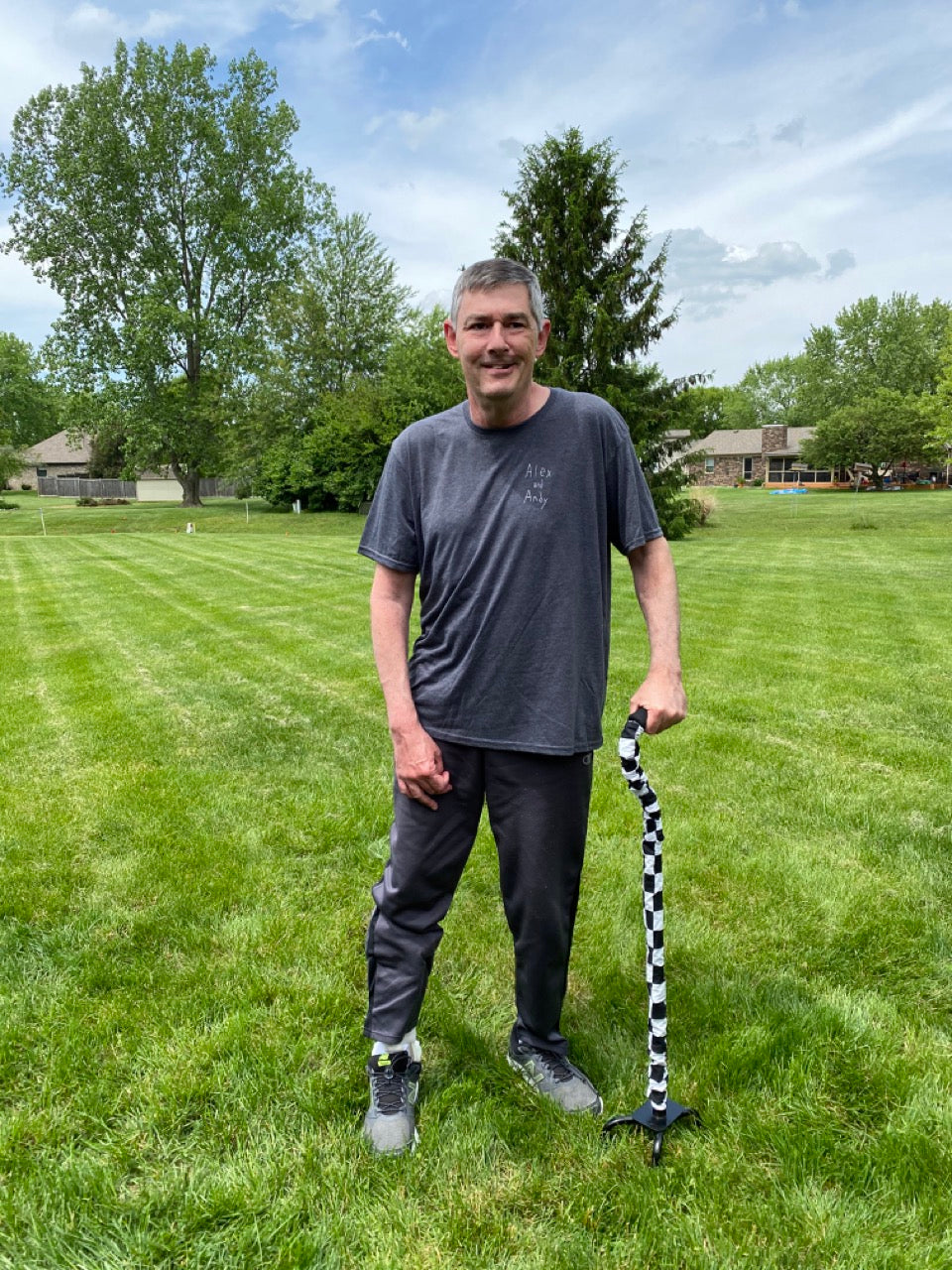 Uncle Andy poses for a picture modeling his cane cover. 