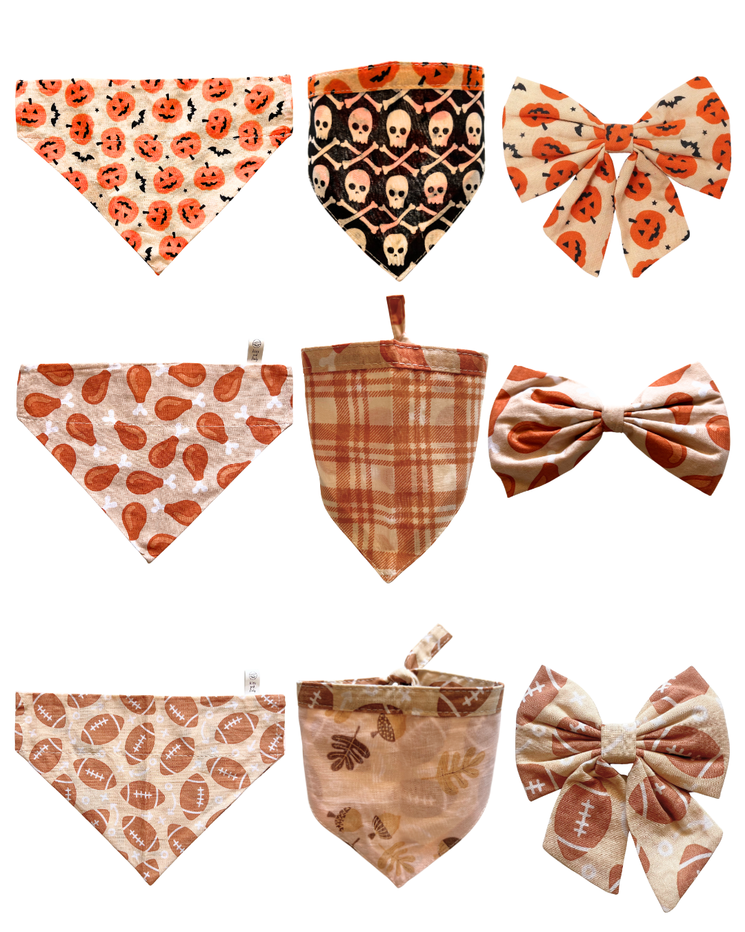 Halloween & Fall Reversible Pet Bandanas & Bow Ties - 100% Cotton - Slide On The Collar & Tie On - Washable