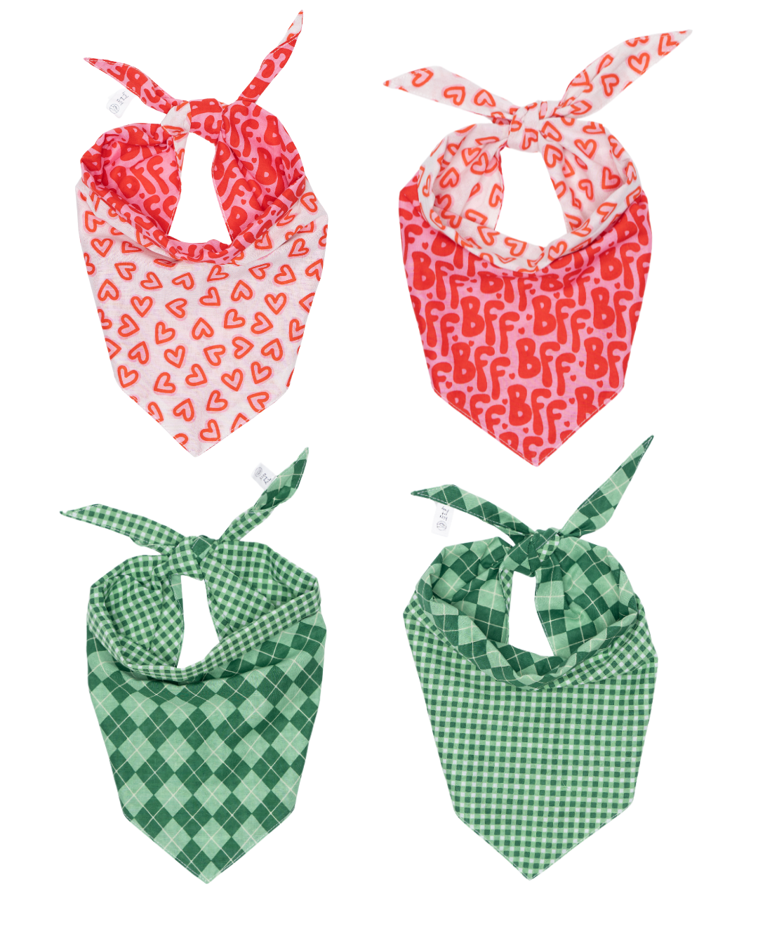 Valentine's Day And St. Patrick's Day Reversible Pet Bandanas - 100% Cotton - Slide On The Collar And Tie On - Washable